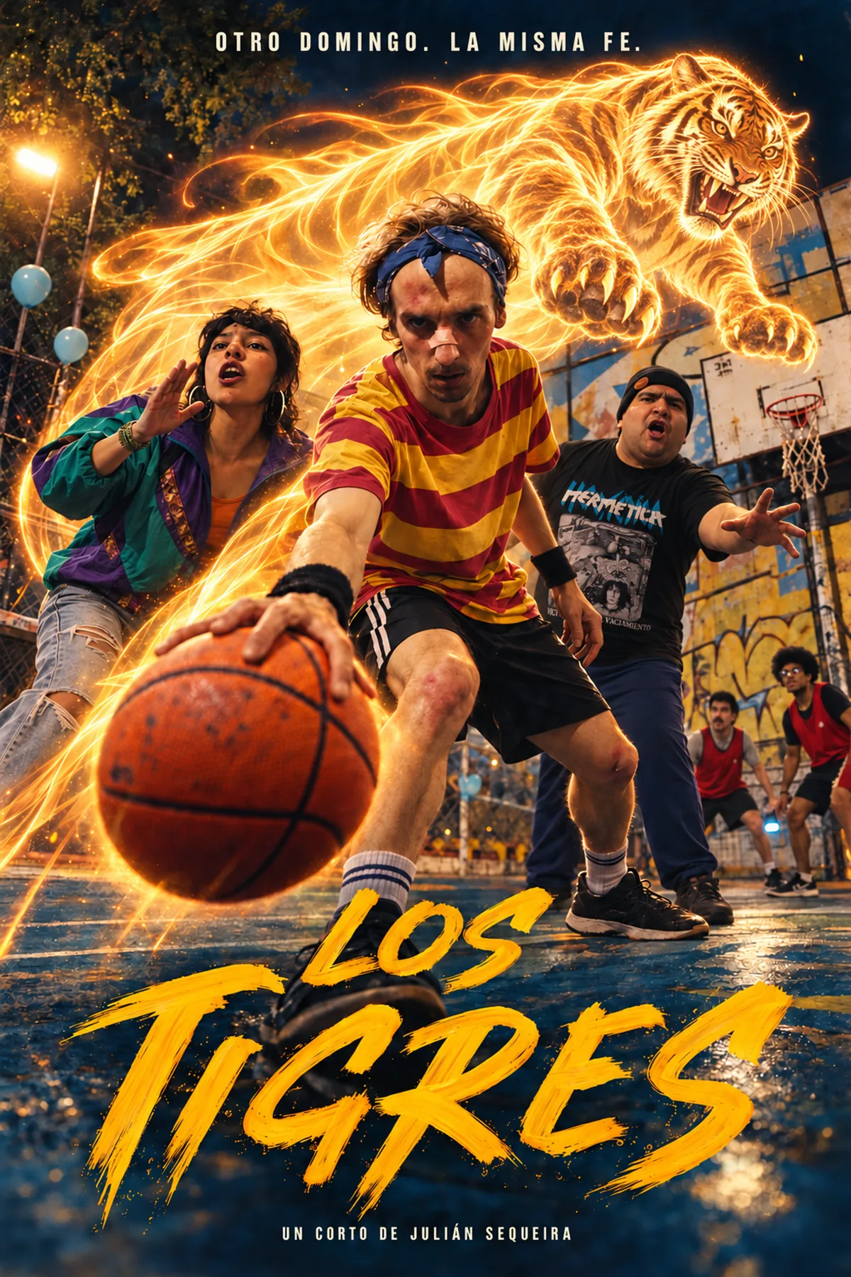 Los Tigres poster: Felipe drives a basketball forward, flanked by Lucía and Franco, while a tiger made of amber light crosses the court behind them.