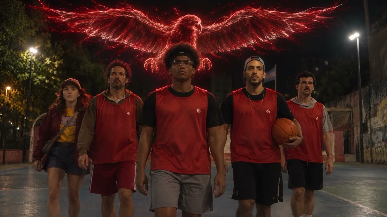 The Águilas of Almagro advance in formation across the night court, under a giant eagle of red light